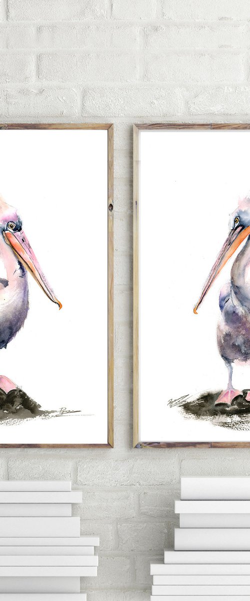 Set of 2 Pelicans  - Original Watercolor Paintings by Olga Tchefranov (Shefranov)