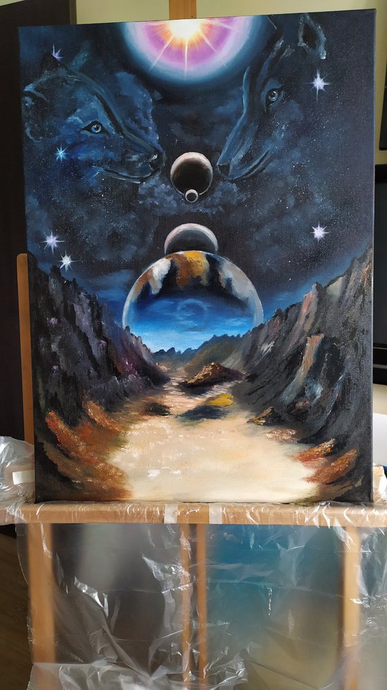 Two of us, original surreal wolf, planets oil painting, gift idea, bedroom painting
