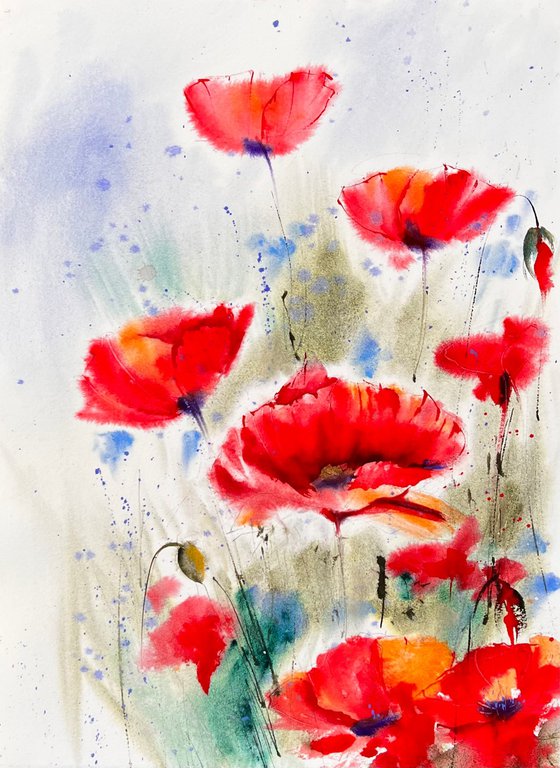 Poppies Painting Floral Original Art Watercolor