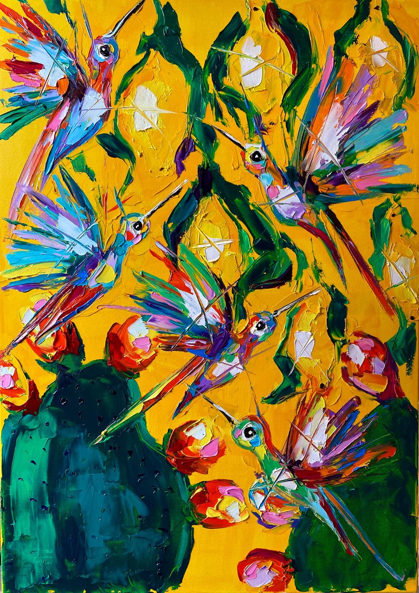 Expressive Oil Painting , The Enchanted Hummingbirds Of Citrus Oasis By Lina Redford, 26 X 36, Artwork For Sale On Artfinder