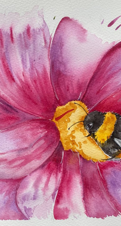Bee on flower watercolour painting by Bethany Taylor