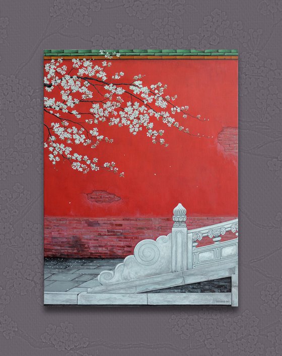 traditional oriental red landscape - imperial Forbidden City Wall - bridge - blossom ( Original )