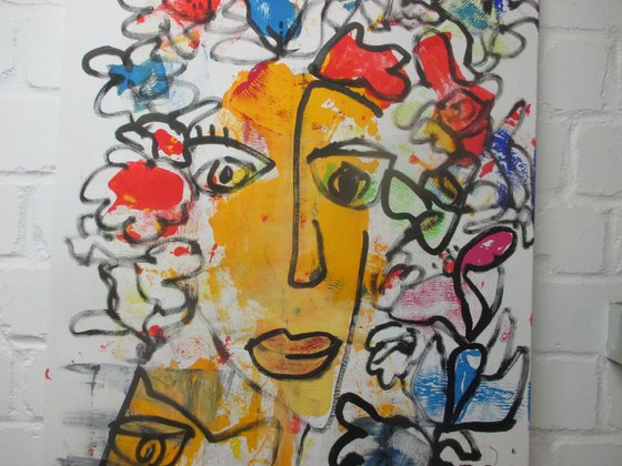 expressive flowergirl, girl with cat portrait 47,2 x 27,5 inch