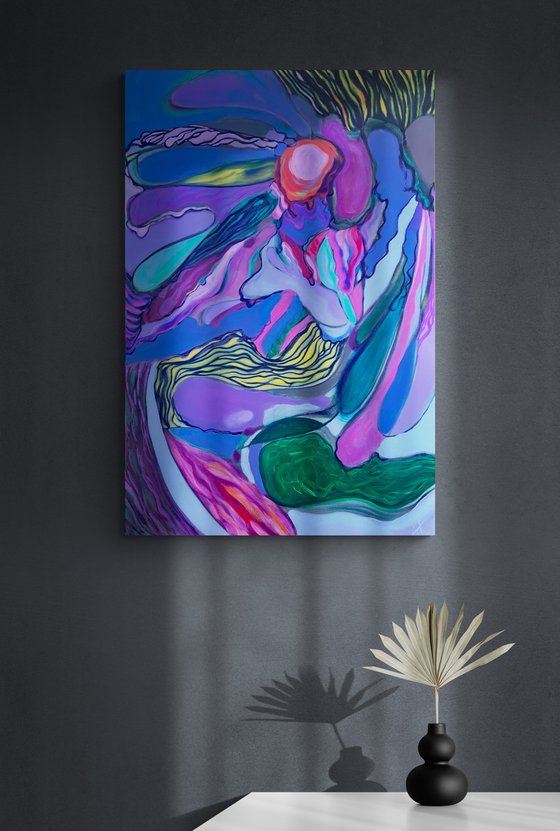 TRANSFORMATION AROUND ME- a large scale oil on acrylic painting, 120x80 cm, blue, pink, yellow