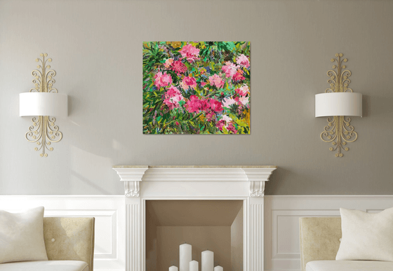 PEONIES - Floral art, landscape, original painting, oil on canvas, flowers in the garden, nature,  peony, pink flowers, bloom, interior art home decor, gift