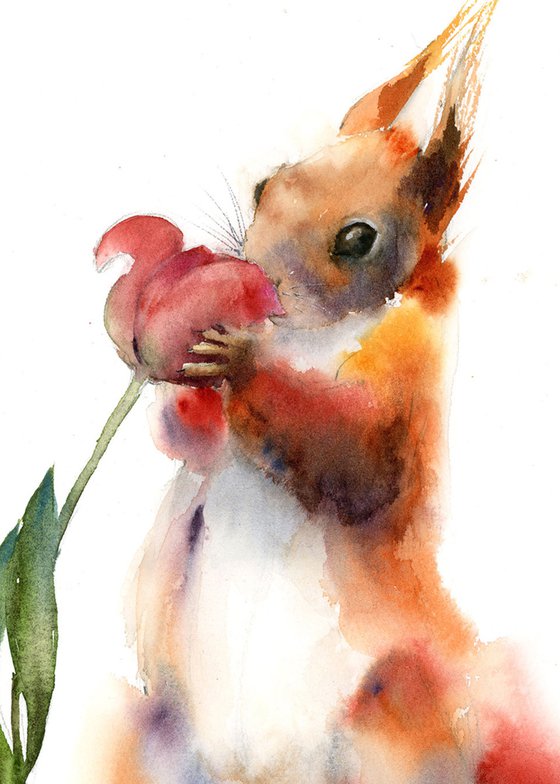 Squirrel smelling red flower