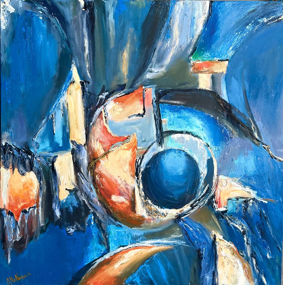 Abstract Oil Painting By Olga Mcnamara Biennaleartist, 31 X 31", Azure Ember, Original Artwork