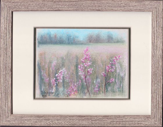 Wildflowers. Framed small pastel painting on gray paper.