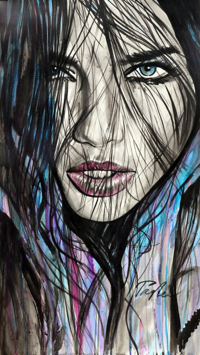 Urban And Pop Portrait Ink Drawing By Tashe, 20 X 36", "Love Me", Original Artwork