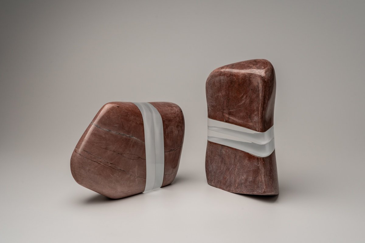 Abstract Stone Sculpture By George Tilelis, 16 X 9, Red Pair, Original Artwork