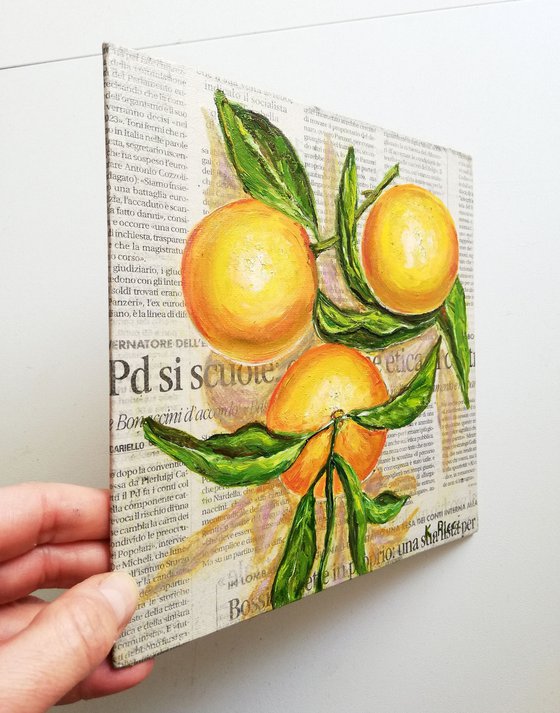 "Oranges on Newspaper" Original Oil on Canvas Board Painting 8 by 8 inches (20x20 cm)