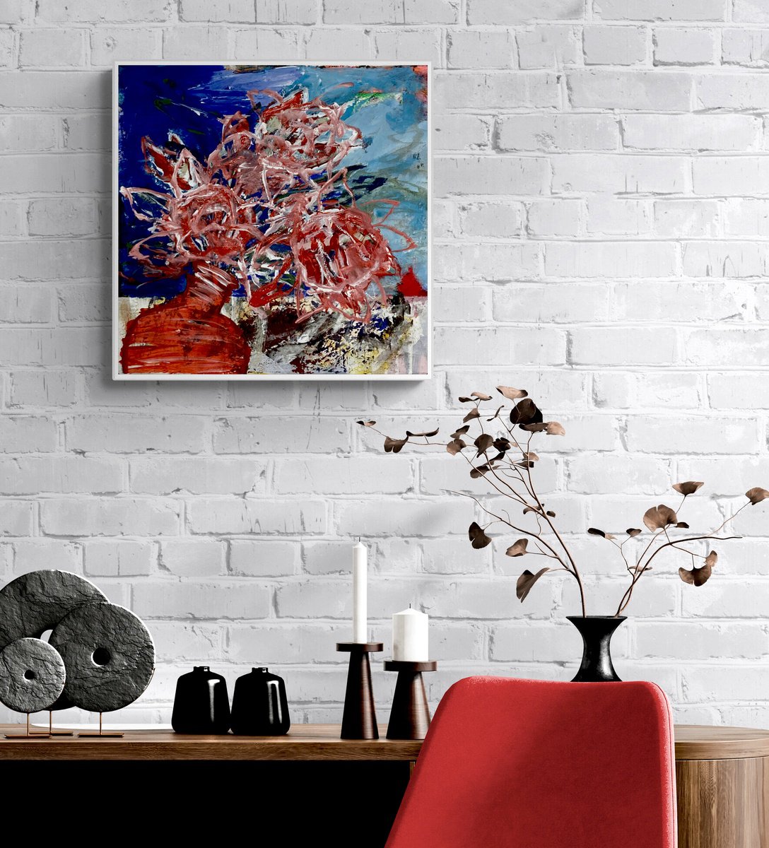Abstract Acrylic Painting By Jutta Rika Bressem, 16 X 16", Still Life With Red Vase, Original Artwork