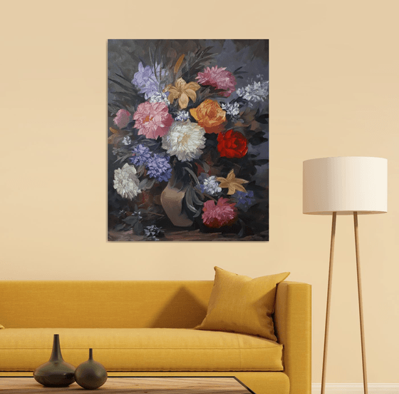 Still life flowers, 100x80cm, oil apinting, palette knife, large oil painting, floral art