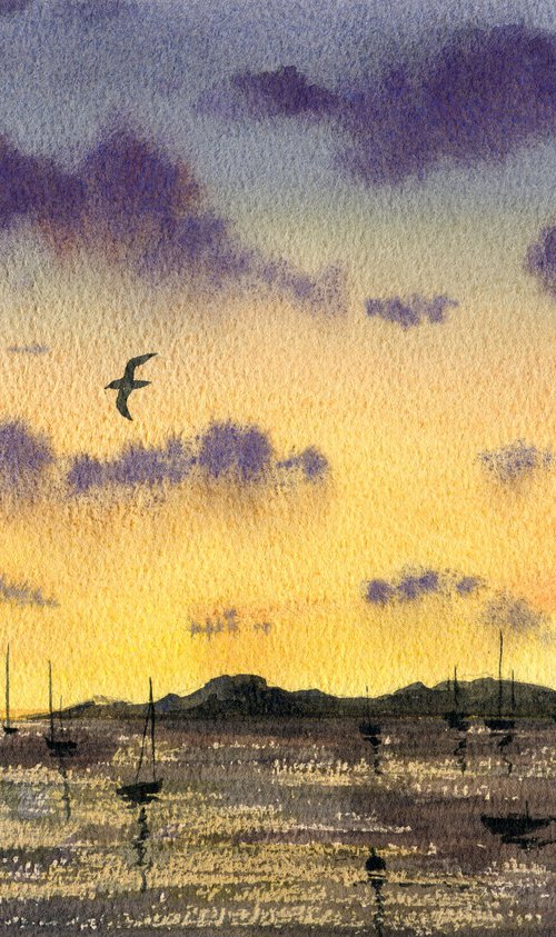 Sunset at the pier. Original watercolor artwork. by Evgeniya Mokeeva