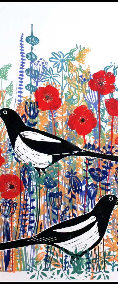 Magpies in the poppies by Mariann Johansen-Ellis