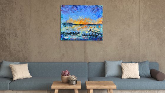 Sunset - You are never alone, 50*60cm, impressionistic landscape oil painting in orange and blue ultramarine