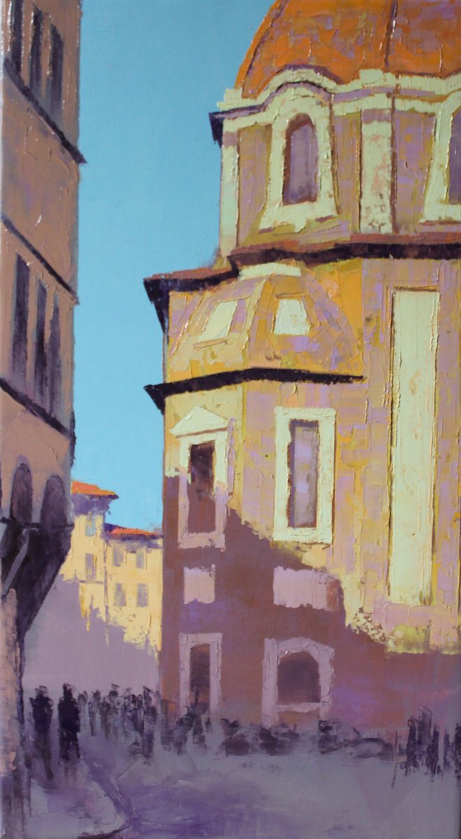 Impressionistic Cityscapes Oil Painting By Revaz Tcheishvili, 16 X 28", Firenze, San Lorenzo, Original Artwork