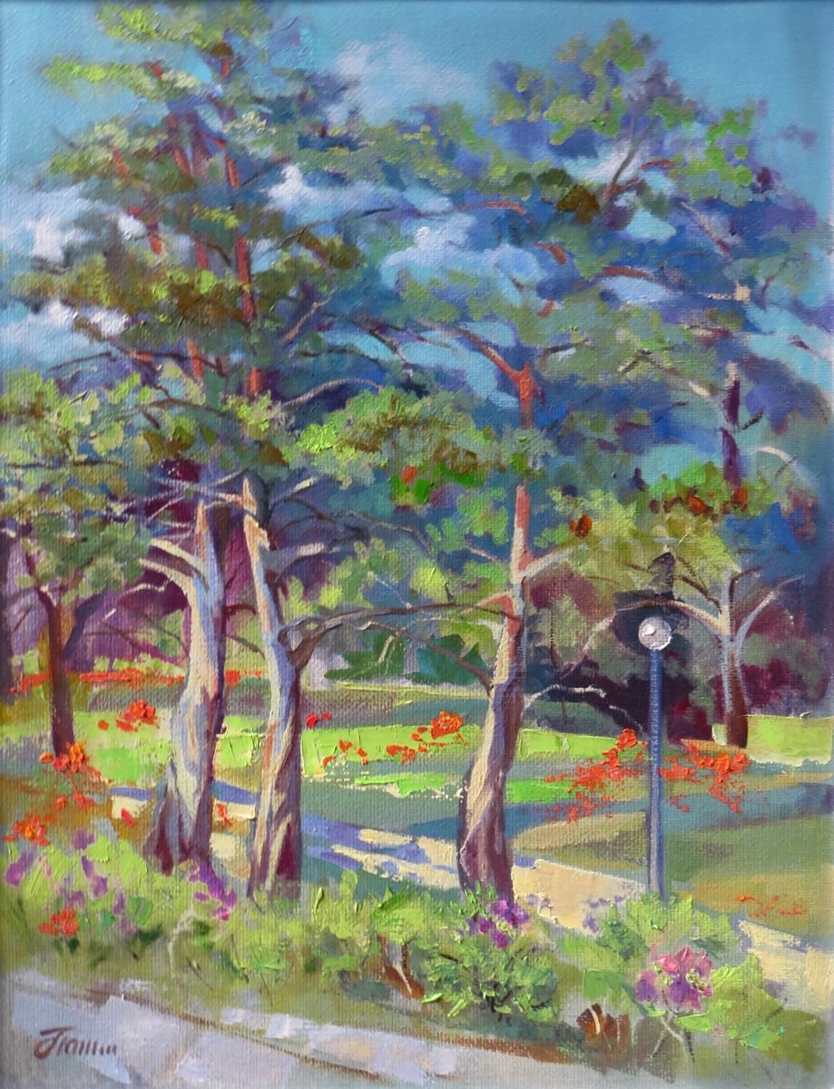 Poppies in the pine forest, oil on canvas, 36?47 by Olga Panina