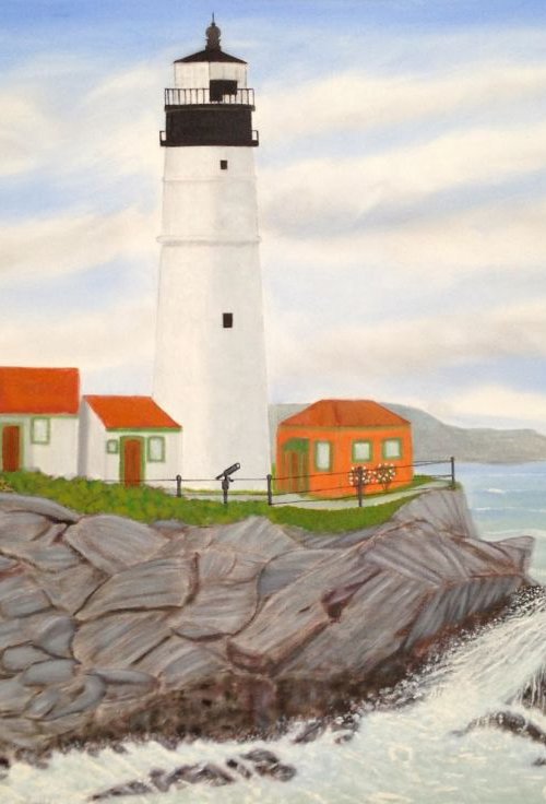 PORTLAND LIGHTHOUSE, LARGE 4' WIDE OIL PAINTING by Leslie Dannenberg