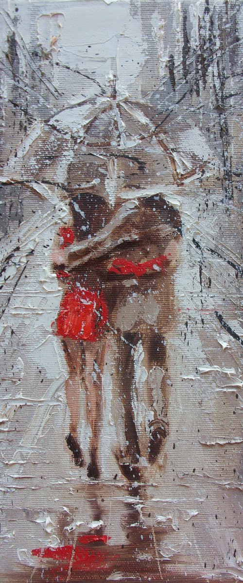 " OUR STREET " FOR K. original painting CITY palette knife SPRING RAIN by Monika Luniak