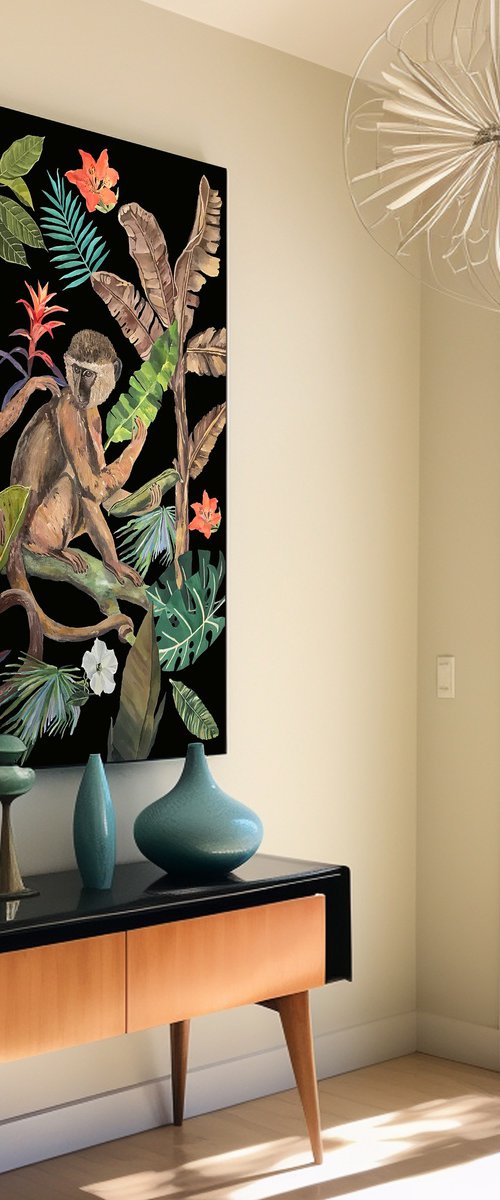 Jungle Heart Beat  - Two Macaques - Art-Deco - Organic Floral, XL LARGE PAINTING by Artemisia