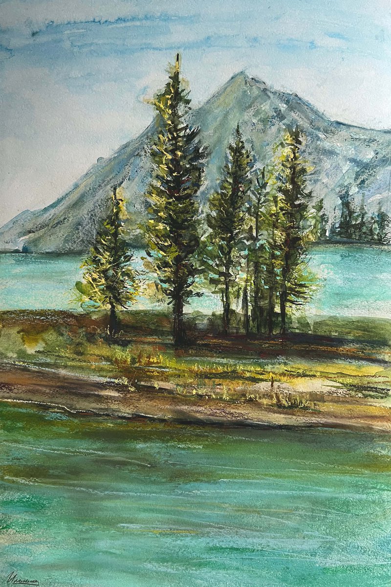 Island. at a Lake. Landscape from Nature. Drawing Oil Pastels on Paper.  Stock Photo - Image of tree, outdoors: 186411414