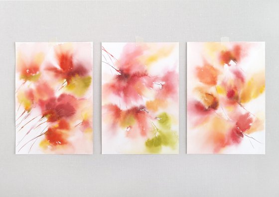 Red abstract flowers watercolor painting. Floral set of 3