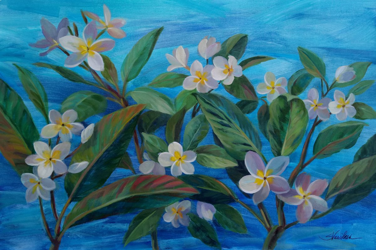 Impressionistic Botanical Acrylic Painting By Silvia Vassileva, 36 X 24", Oceanside Plumeria, Original Artwork