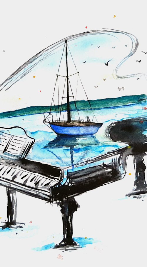 Piano with sailboat by Luba Ostroushko