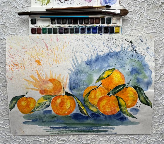 Tangerine Painting Citrus Original Art Orange Watercolor Fruit Still Life Artwork Small Wall Art 17 by 12" by Halyna Kirichenko