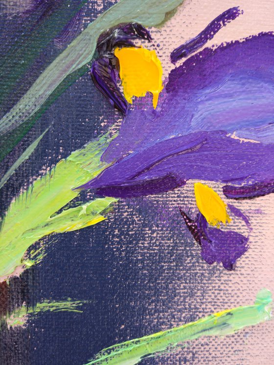 Irises and cherry blossoms. Bouquet sketch. Original oil painting