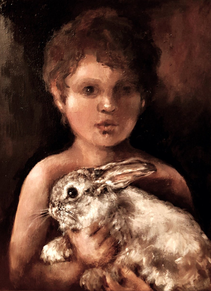 Boy with Jersey Woolly Rabbit by J Alexandra  Connor
