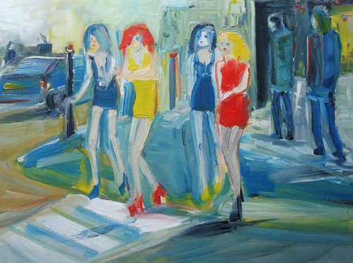 GIRLS DRESSES CHILLY DISCO CITY NIGHT. Original Female Figurative Oil Painting. by Tim Taylor