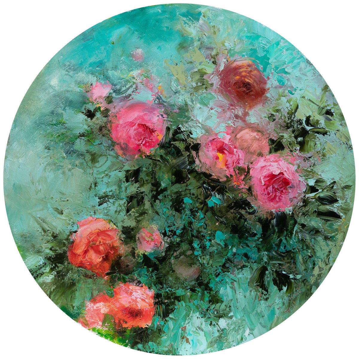 Pompadour tondo with roses - floral impasto oil painting by Fabienne Monestier