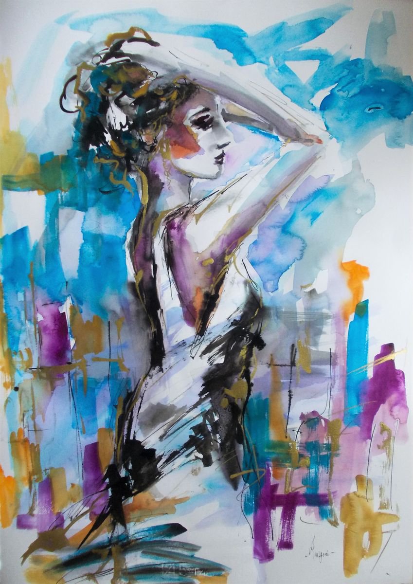 That Moment II-Figurative Watercolor and Ink On Paper by Antigoni Tziora