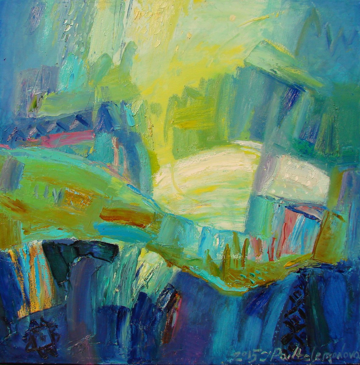 Expressive Abstract Oil Painting By Inna Pantelemonova, 28 X 28, Shining Mountains, Original Artwork