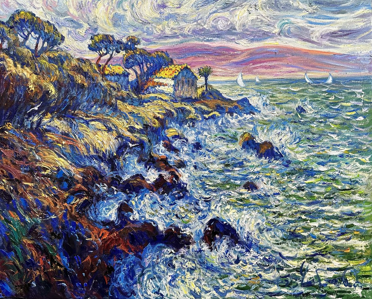 Impressionistic Landscape Oil Painting By Andrii Chebotaru, 39 X 31, Stormy Sea Antibes. French Riviera., Original Artwork