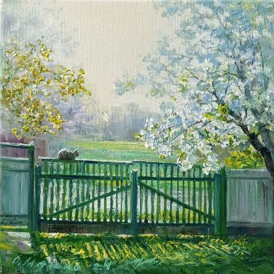 Spring morning. Landscape with a cat on a gate / ORIGINAL oil picture ~8x8in (20x20cm)