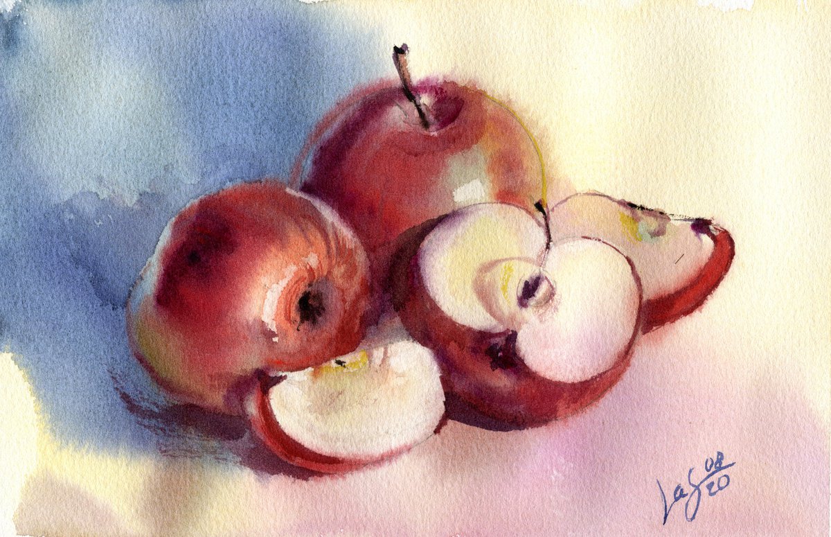 Impressionistic Still Life Watercolour By Svitlana Lagutina, 10 X 7", Red Apples On A Table, Original Artwork