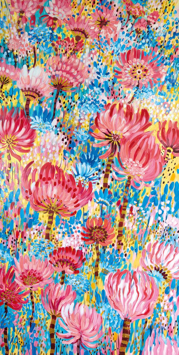 Impressionistic Botanical Acrylic Painting By Irina Redine, 36 X 72, Blooming, Original Artwork