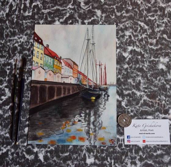 Denmark watercolor painting Harbour Nyhavn with ships in rainy Copenhagen