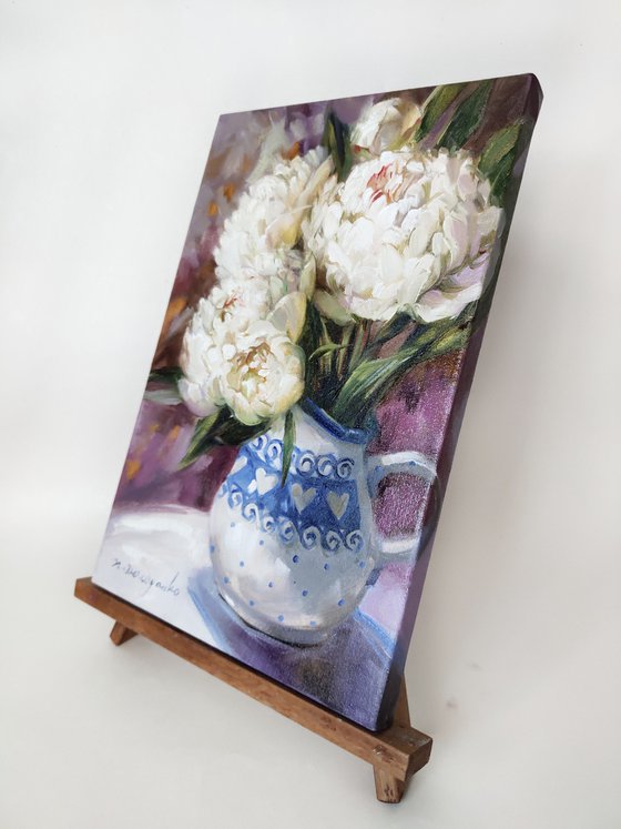 Peony oil painting original, White flowers in art painting on canvas, Peonies small paintings, Flowers oil painting, Floral painting