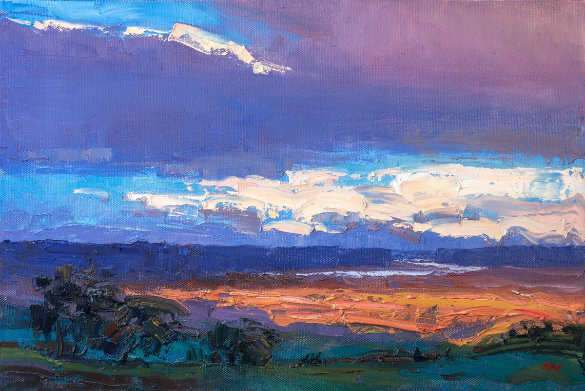 Impressionistic Landscape Oil Painting By Vasyl Moldavchuk, 24 X 16", Evening Valley, Original Artwork