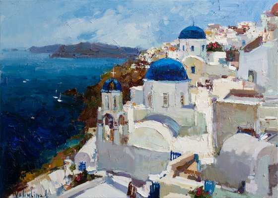 Santorini, Greece seascape - Original oil impasto landscape painting
