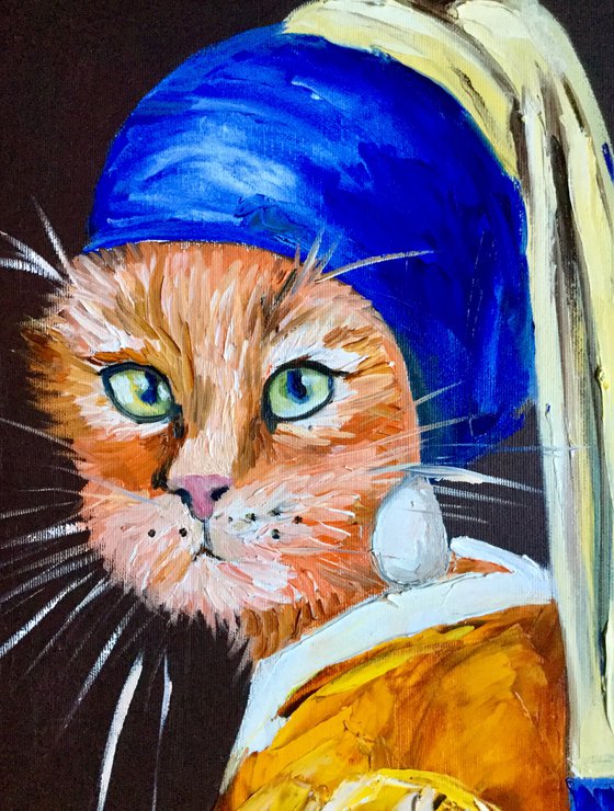 Cat with the pearl earring inspired by Vermeer painting feline art for cat lovers gift idea