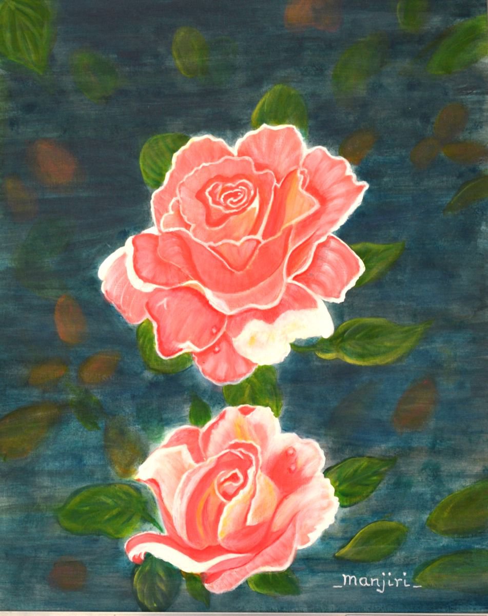 Roses in the pond a colorful acrylic painting and special floral gift idea on sale by Manjiri Kanvinde