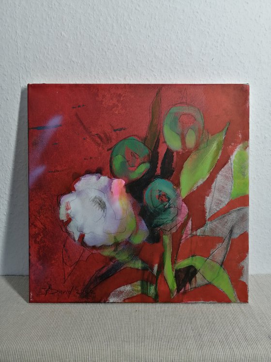 White peonies modern mixed media painting