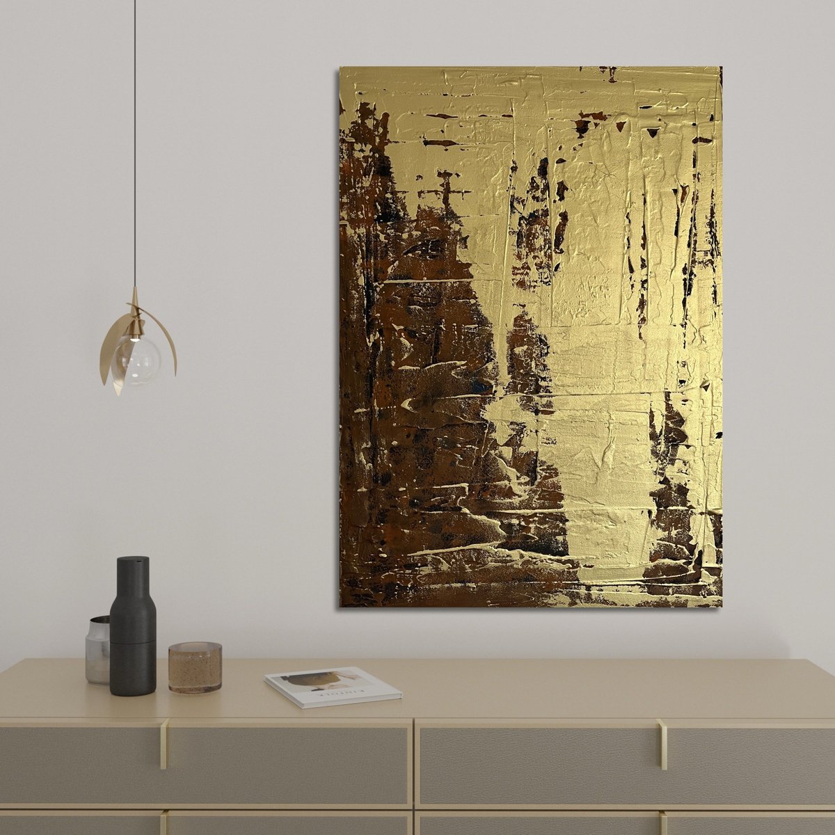 Abstract Acrylic Painting By Exclusive Arts, 20 X 28, Greengold On Brown 70X50, Original Artwork