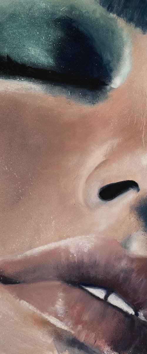 closeup make up oil painting in blue tones female portrait contemporary large painting face beautiful model by Renske Karlien Hercules
