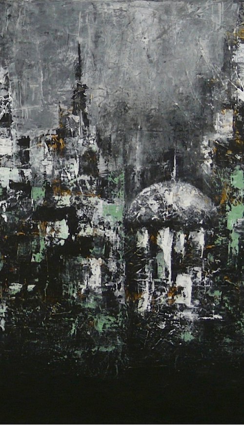 Brooding Metropolis  (Large Abstract Cityscape, 110x80cm) by Kalpana Soanes